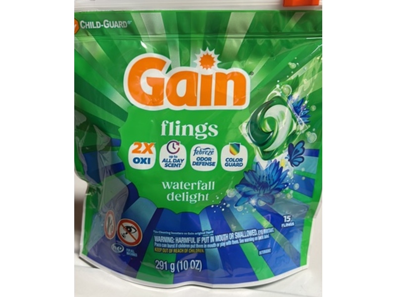 Gain Flings Liquid Detergent Pacs, Waterfall Delight, 10 oz/291 g, 15 Count