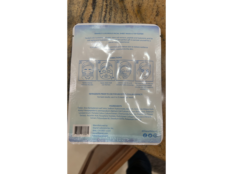 Ebanel Skincare Hyaluronic Collagen Sheet Mask, 0.70 oz/20 g