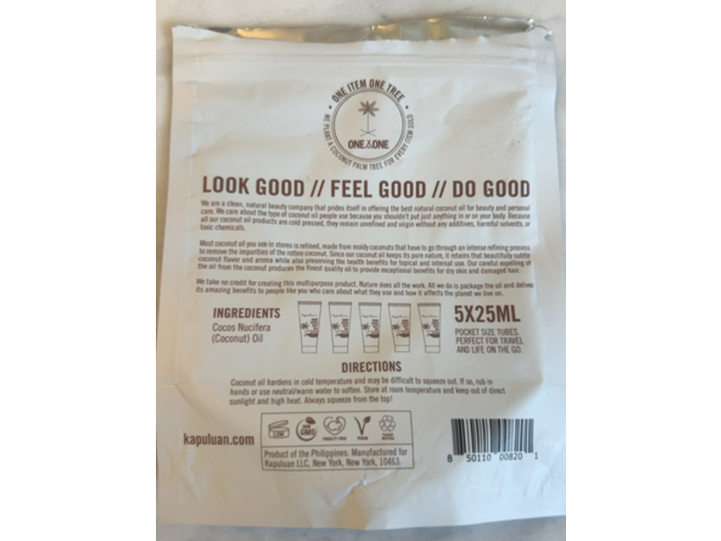 Kapuluan Raw Coconut Oil, 0.85 fl oz/25 mL, 5 Count