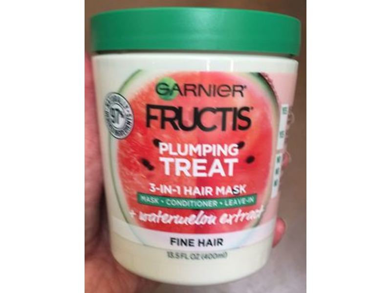 Garnier Fructis Plumping Treat 3- In-1 Hair Mask, Mask + Conditioner + leave-In, Watermelon Extract, 13.5 fl oz/400 mL