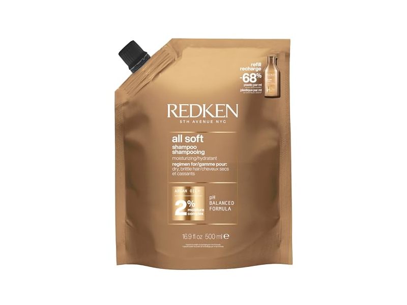Redken All Soft Shampoo Refill, Argan Oil+ 2% Moisture Complex, 16.9 fl oz/500 mL
