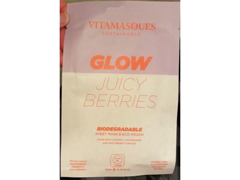 Vitamasques Glow Biodegradable Sheet Mask & Eco-Pouch, Juicy Berries, 0.74 fl oz/21 ml