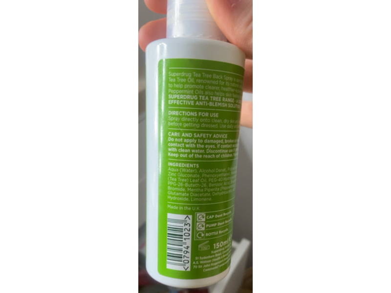 Superdrug Tea Tree Back Spray, Action,150 mL