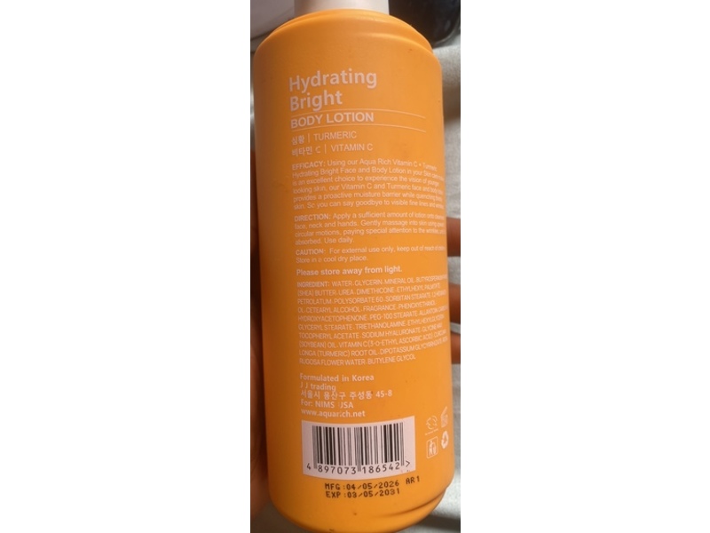 Aqua Rich Hydrating Bright Body Lotion, Turmeric Vitamin C, 17.6 fl oz/500 mL