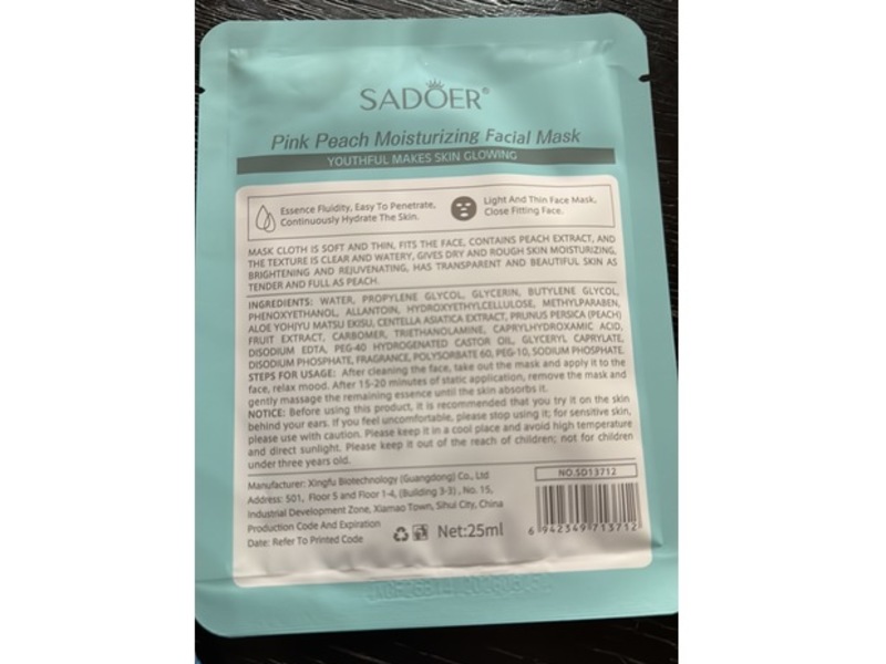 Sadoer Moisturizing Facial Mask, Pink Peach, 25 mL