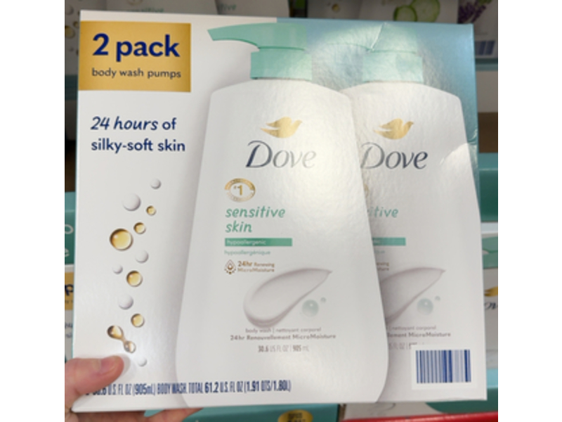 Dove Sensitive Skin Hypoallergenic Body Wash, 30.6 fl oz/905 mL, Pack Of 2
