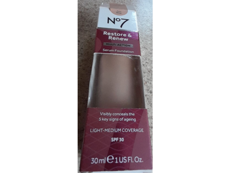 No7 Restore & Renew Serum Foundation, Cool Beige, SPF 30, 1 fl oz/30 mL