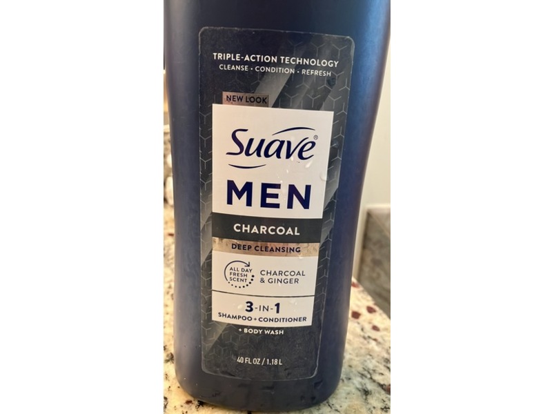 Suave Men Deep Cleansing 3-In-1 Shampoo + Conditioner, Charcoal, 40 fl oz/1.18 L, Pack Of 4