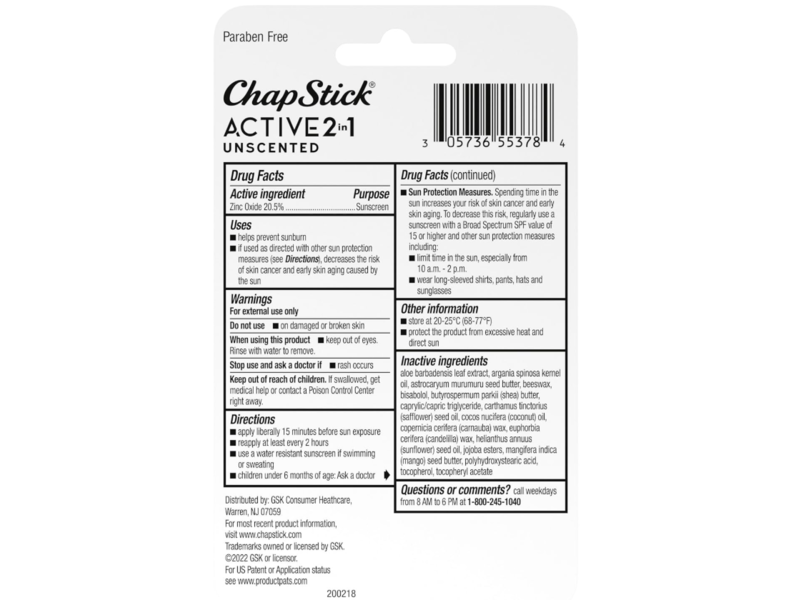 Chapstick Active 2 In 1 Sunscreen Lip Balm, SPF 25, Unscented, 0.18 oz/5 g, Pack Of 3