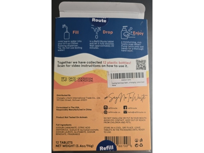 Refill Route Foaming Hand Soap Refills, Citrus Lemon, 3.4 oz/96 g, 12 Count