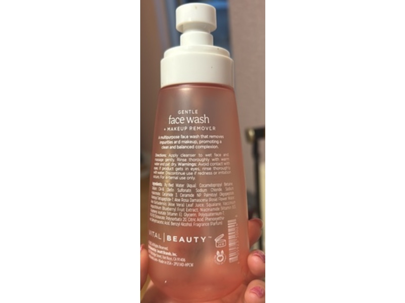 Vital Beauty Gentle Face Wash+Makeup Remover, Rose Water & Squalane, 8 fl oz/236 mL