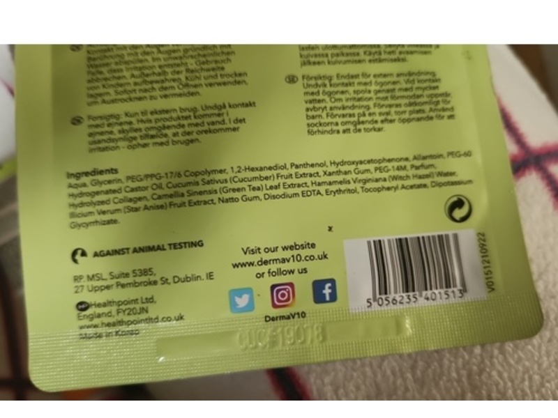 Dermav10 Sheet Mask, Cucumber, 1 Count