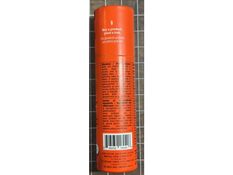Attitude Mineral Face Sunscreen Stick, Unscented, SPF 30, 1 oz/30 g