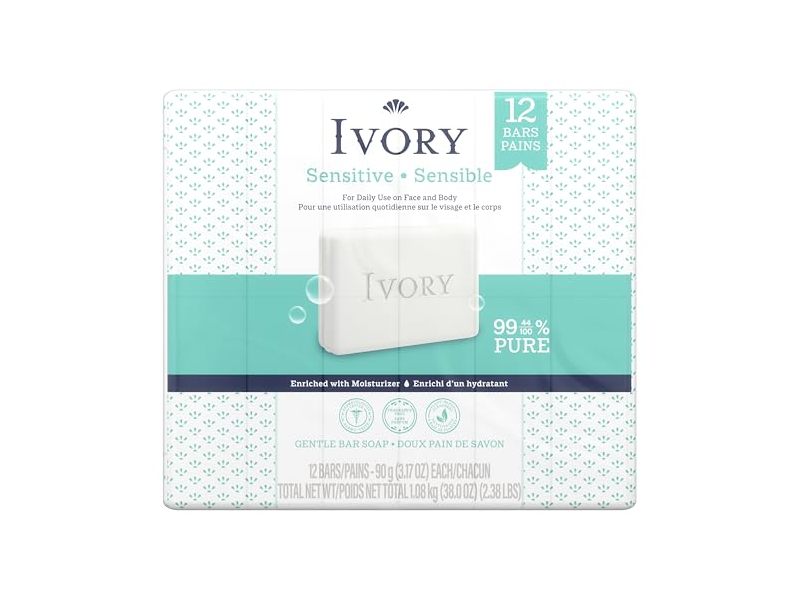 Ivory Sensitive Gentle Bar Soap, 3.17 oz/90 g, 12 Count