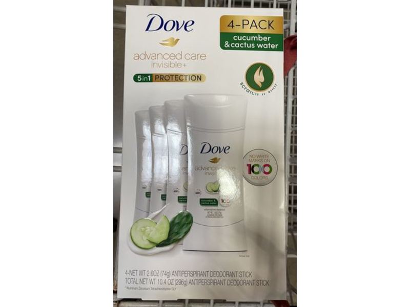 Dove Advanced Care Invisible+ Antiperspirant Deodorant Stick, Cucumber & Cactus Water, Pack Of 4
