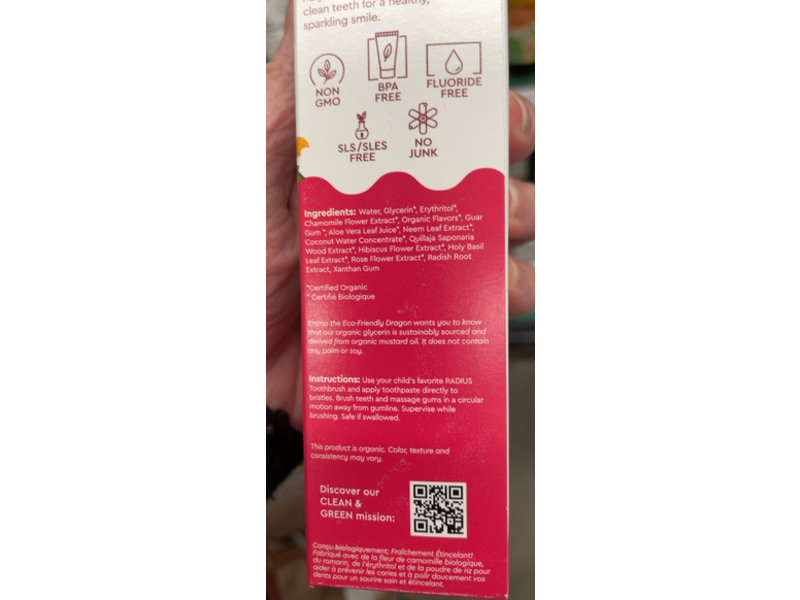 Radius Organic Toothpaste, Dragon Fruit, 3 oz/85 g