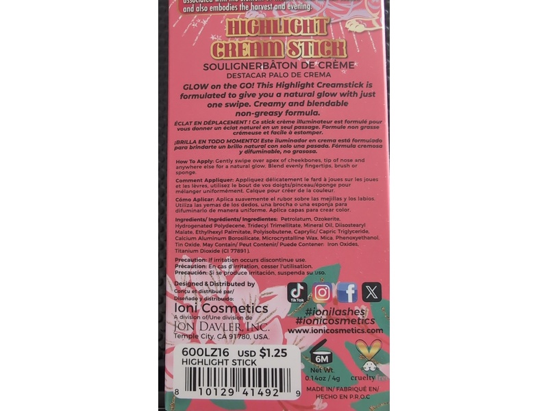 Ioni Highlight Cream Stick, Golden Wheat, 0.14 oz/4 g