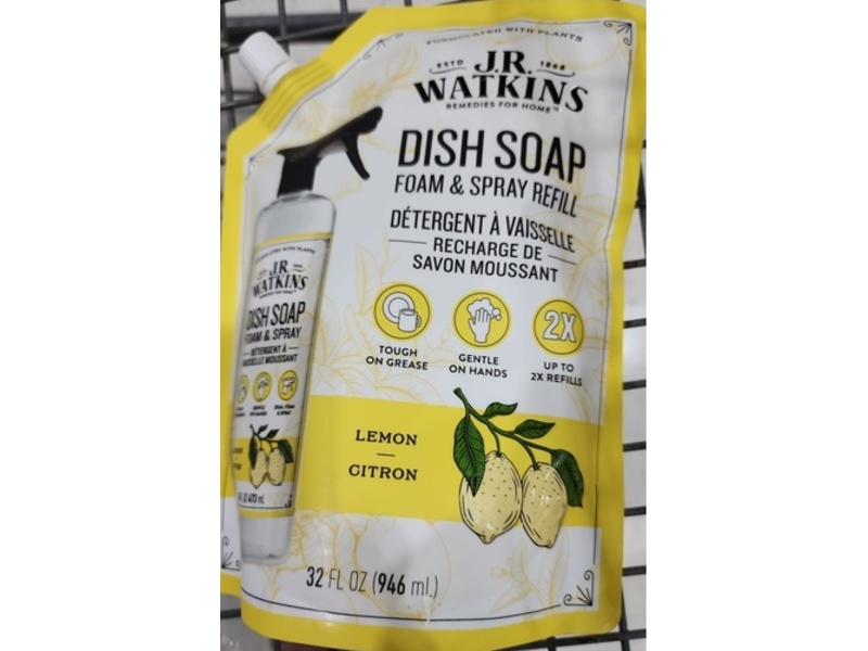 J.R. Watkins Dish Soap Foam & Spray Refill, Lemon, 32 fl oz/946 mL