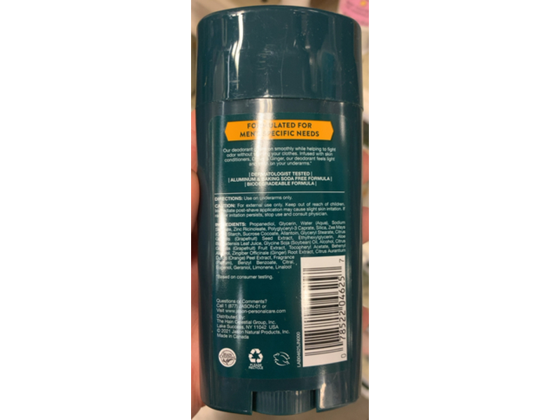 Jason Men's Refreshing Deodorant Stick, Citrus + Ginger, 2.5 oz/71 g