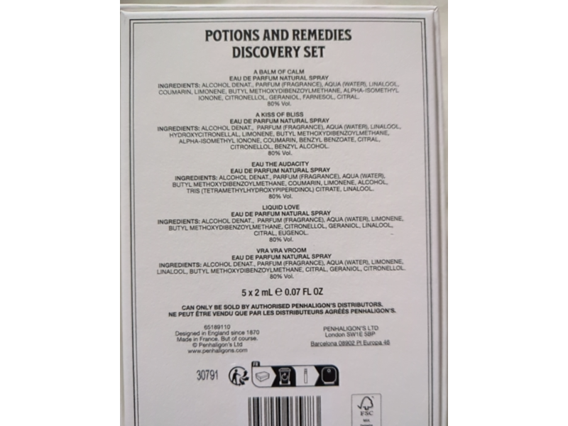 Penhaligon's Potions & Remedies Eau De Parfum Discovery Set, A Balm Of Calm + A Kiss Of Bliss + Eau The Audacity + Liquid Love & Vra Vra Vroom, 0.07 fl oz/2 mL, 5 Count