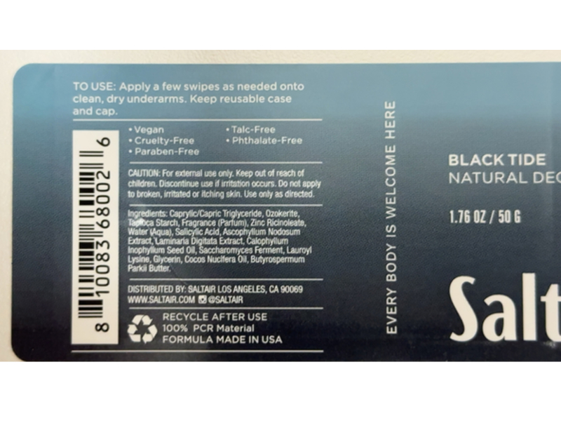Saltair Natural Deodorant, Black Tide, 1.76 fl oz/50 g
