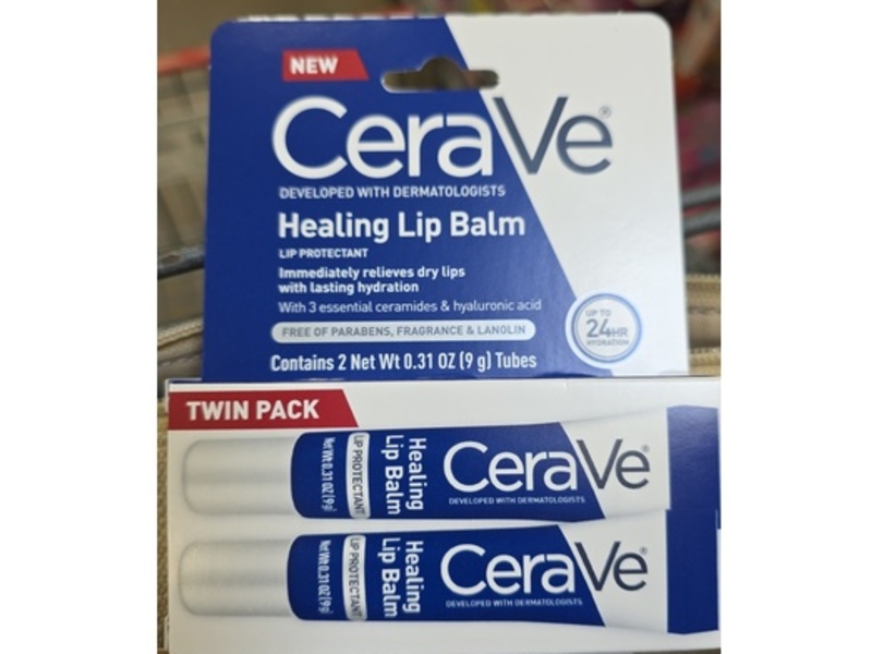 CeraVe Healing Lip Balm, 3 Ceramides & Hyaluronic Acid, 0.31 oz/9 g, Pack Of 2