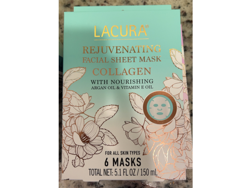 Lacura Rejuvenating Facial Sheet Mask, Argan Oil & Vitamin E Oil, 5.1 fl oz/150 mL, 6 Count