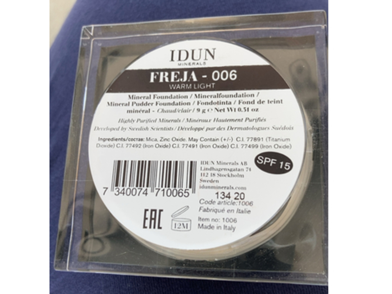Idun Minerals Powder Foundation, Freja - 006 Warm Light, SPF 15, 0.31 oz/9 g