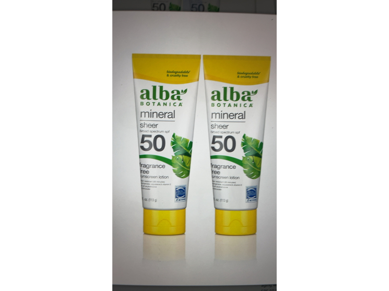 Alba Botanica Sheer Mineral Sunscreen Lotion, SPF 50, 4 fl oz/113 g, Pack Of 2