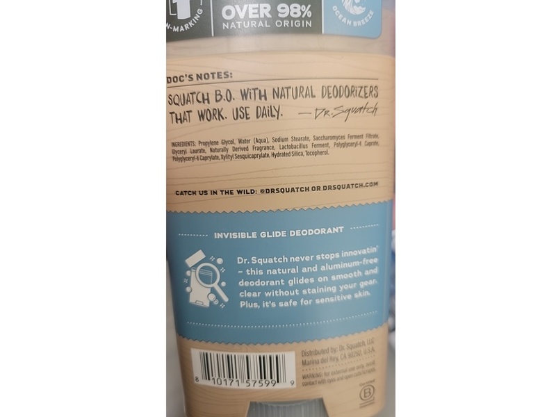 Dr Squatch Invisible Glide Deodorant, Coastal Mist, 2.65 oz/75 g, Pack Of 3