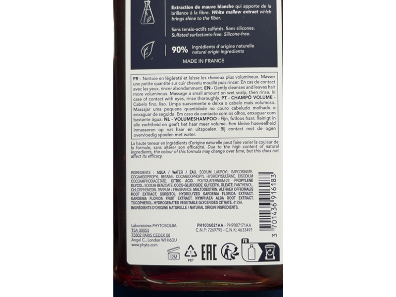 Phyto Volume Volumizing Shampoo, 8.45 fl oz/250mL