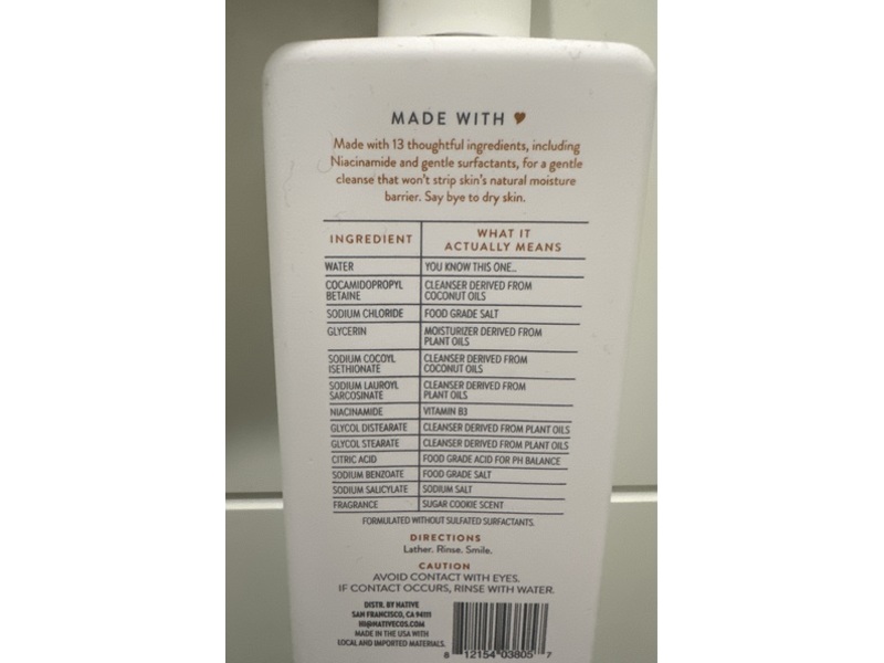 Native Moisturizing Facial Cleanser, Sugar Cookie, 12 fl oz/355 mL