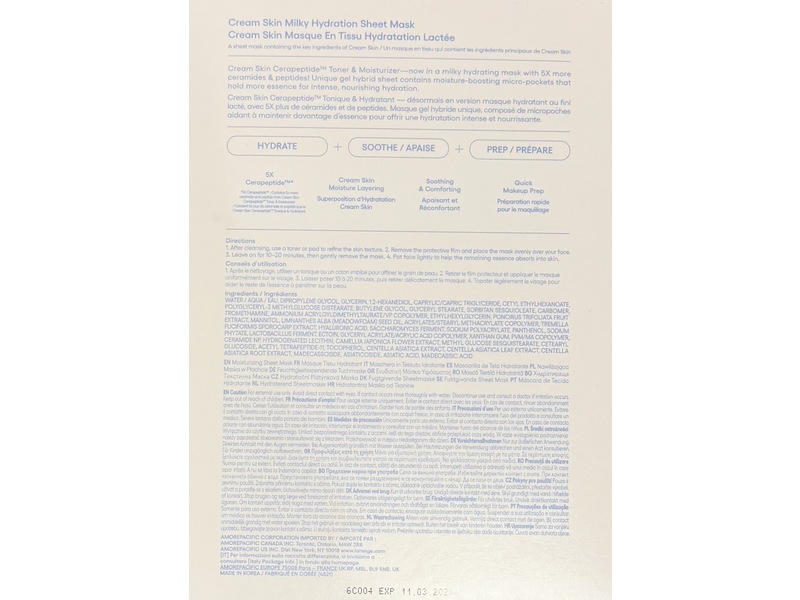 Laneige Cream Skin Milky Hydration Sheet Mask, Cerapeptide, 1.16 oz/33 g, Pack Of 5