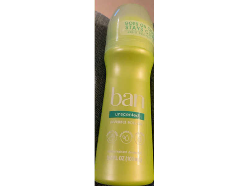 Ban Invisible Antiperspirant Deodorant Roll On, Unscented, 3.5 fl oz/103 mL, 4 Pack