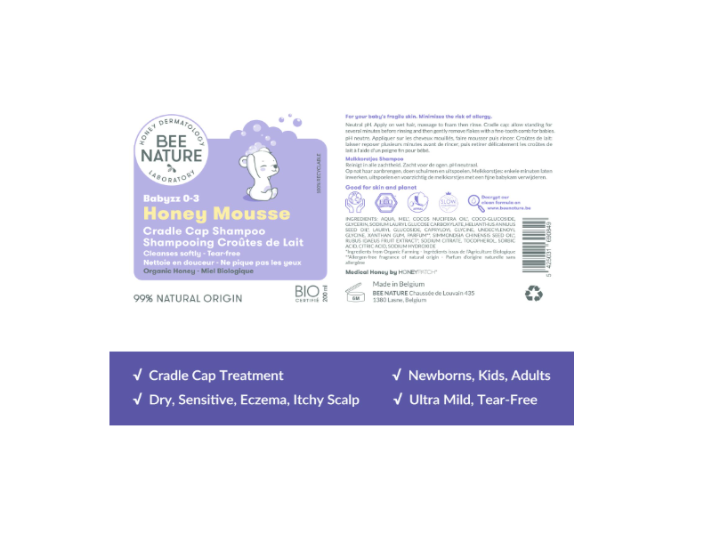 Bee Nature Cradle Cap Treatment Shampoo, Honey Mousse, 6.76 fl oz/200 mL
