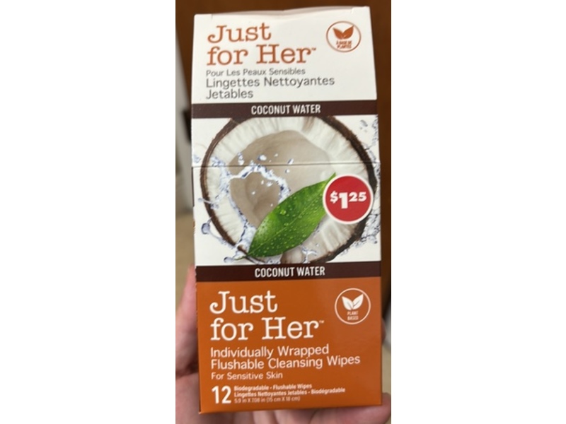 Mjk Brands Just For Her Flushable Cleansing Wipes, Coconut Water, 12 Count