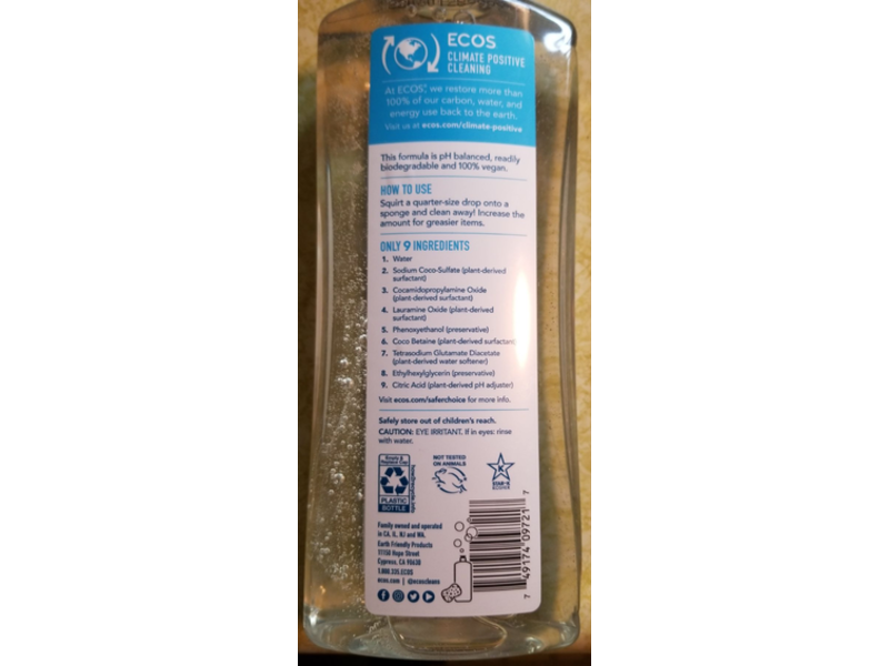 Ecos Plant Powered Dish Soap, Free & Clear, 25 fl oz/739 mL