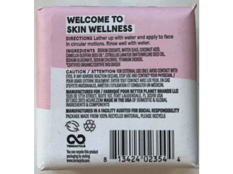 Acure Seriously Soothing Facial Cleansing Bar, Camellia Seed Oil & Watermelon, 4 oz/113 g