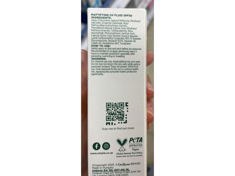 Simple Mattifying UV Fluid Sunscreen, SPF 50, 40 mL