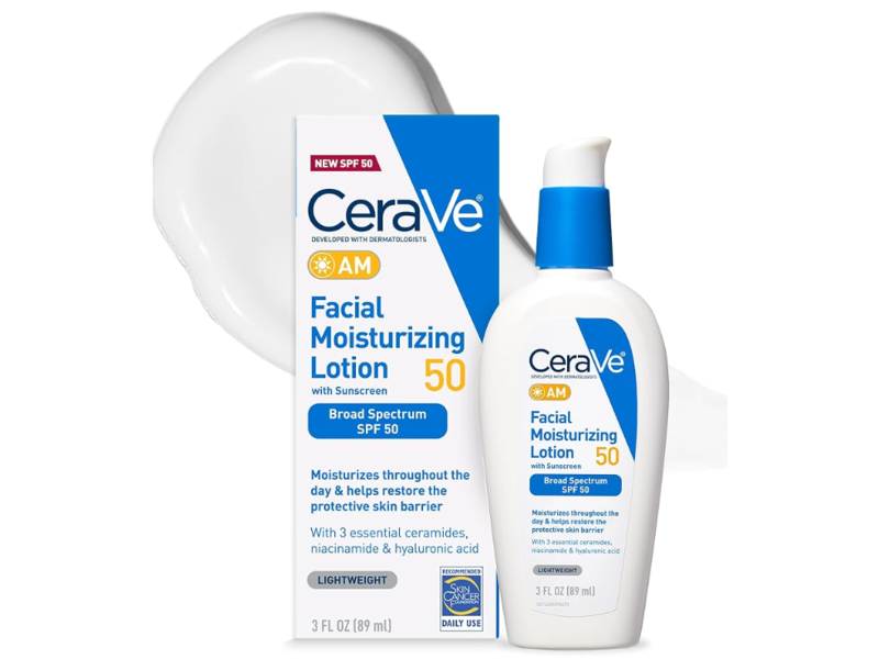 CeraVe Facial Sunscreen Moisturizing Lotion, SPF 50, Ceramides, Niacinamide & Hyaluronic Acid, 3 fl oz/89 mL