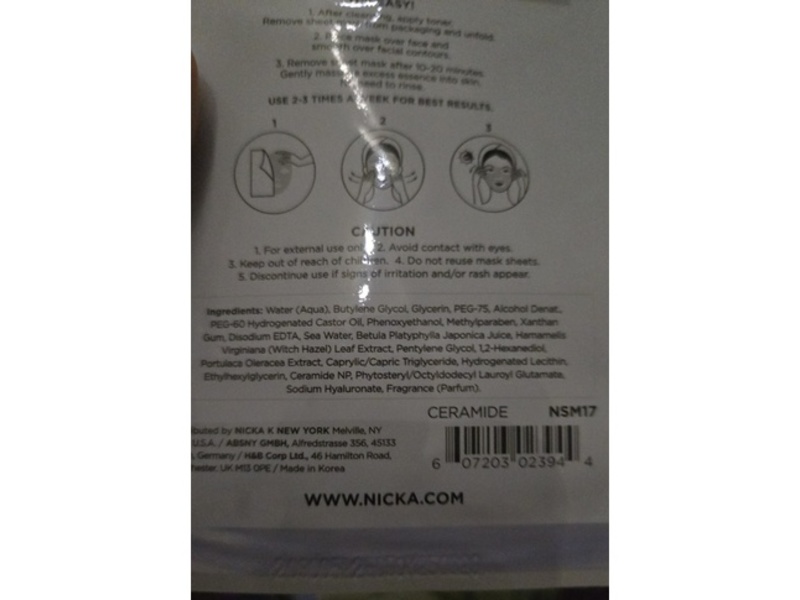 Nicka K New York Hydrating Ceramide Facial Sheet Mask, 0.7 oz/20 g