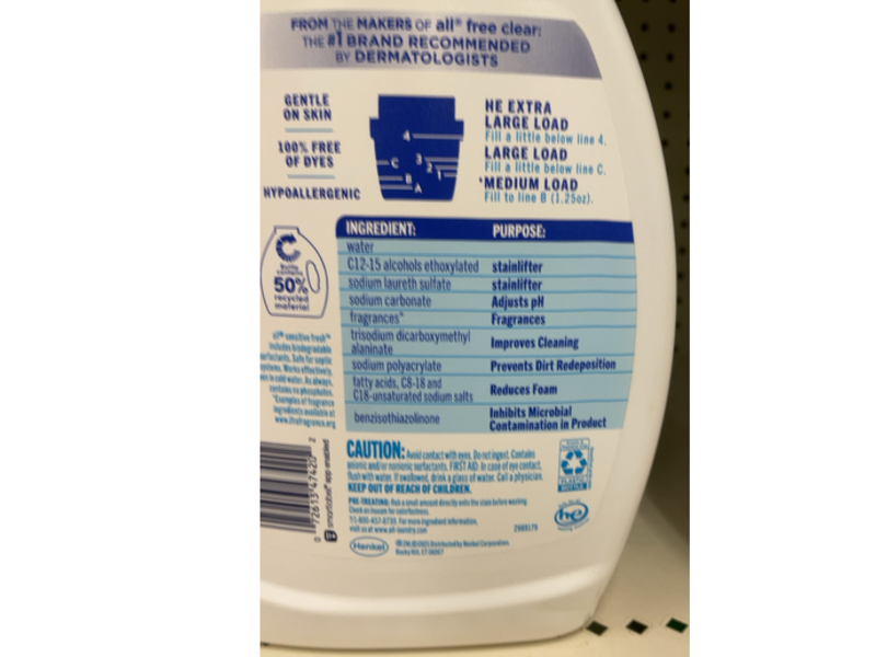 All Sensitive Fresh Liquid Laundry Detergent, Spring Breeze, 58 Loads, 73 fl oz/2/15 L