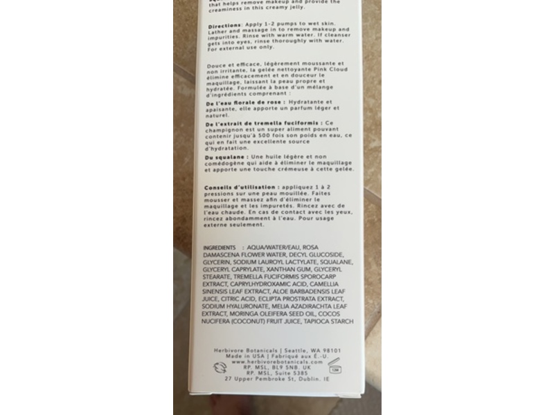 Herbivore Pink Cloud Creamy Jelly Cleanser, Rosewater & Tremella, 6 fl oz/180 mL