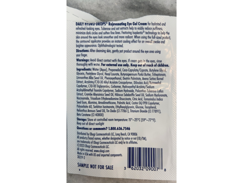 Obagi Daily Hydro - Drops Rejuvenating Eye Gel Cream, 0.03 fl oz/1 mL