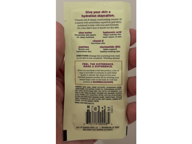 Soapbox Deep Moisture Body Wash, Coconut + Goji Berry, 0.34 fl oz/10 mL