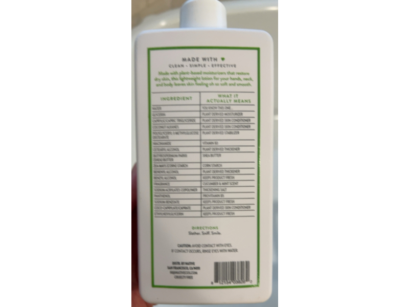 Native Moisturizing Lotion, Cucumber & Mint, 16.5 fl o/487 mL