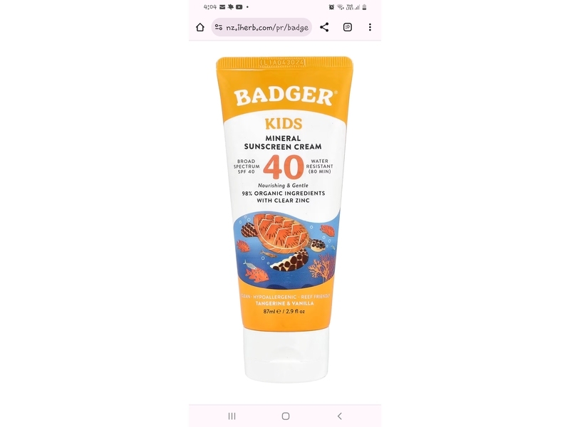 Badger Kids Mineral Sunscreen Cream, SPF 40, Tangerine & Vanilla, 2.9 fl oz /89 mL
