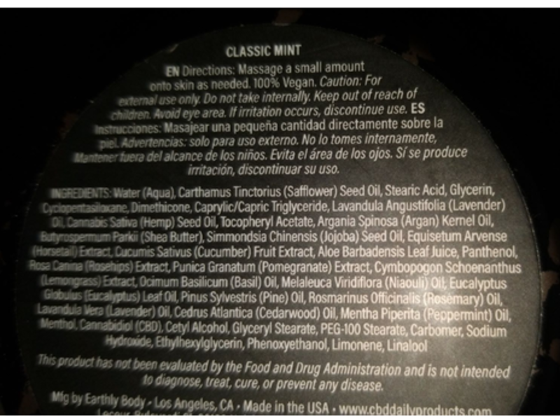 Earthly Body CBD Daily Ultimate Strength Intensive Cream, Classic Mint, 600 Mg CBD, 5 oz/142 g
