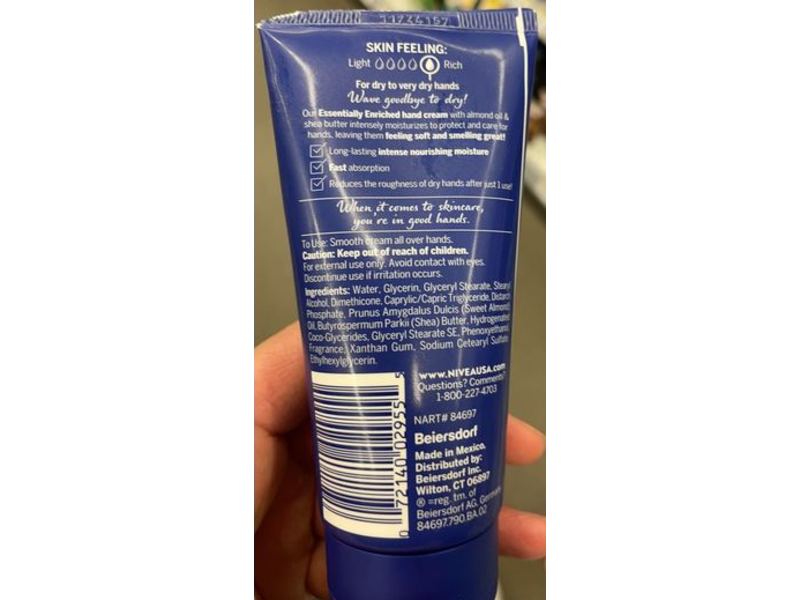 Nivea Essentially Enriched Hand Cream, Almond Oil & Shea Butter, 2.6 oz/74 g