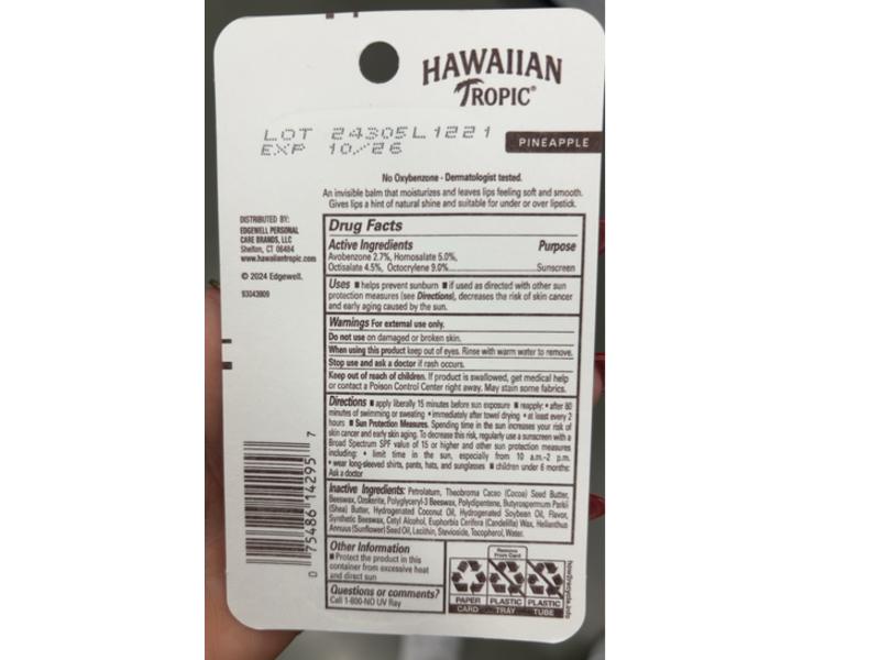 Hawaiian Tropic Sunscreen Lip Balm, SPF 30, Pineapple, 0.35 oz/9.9 g